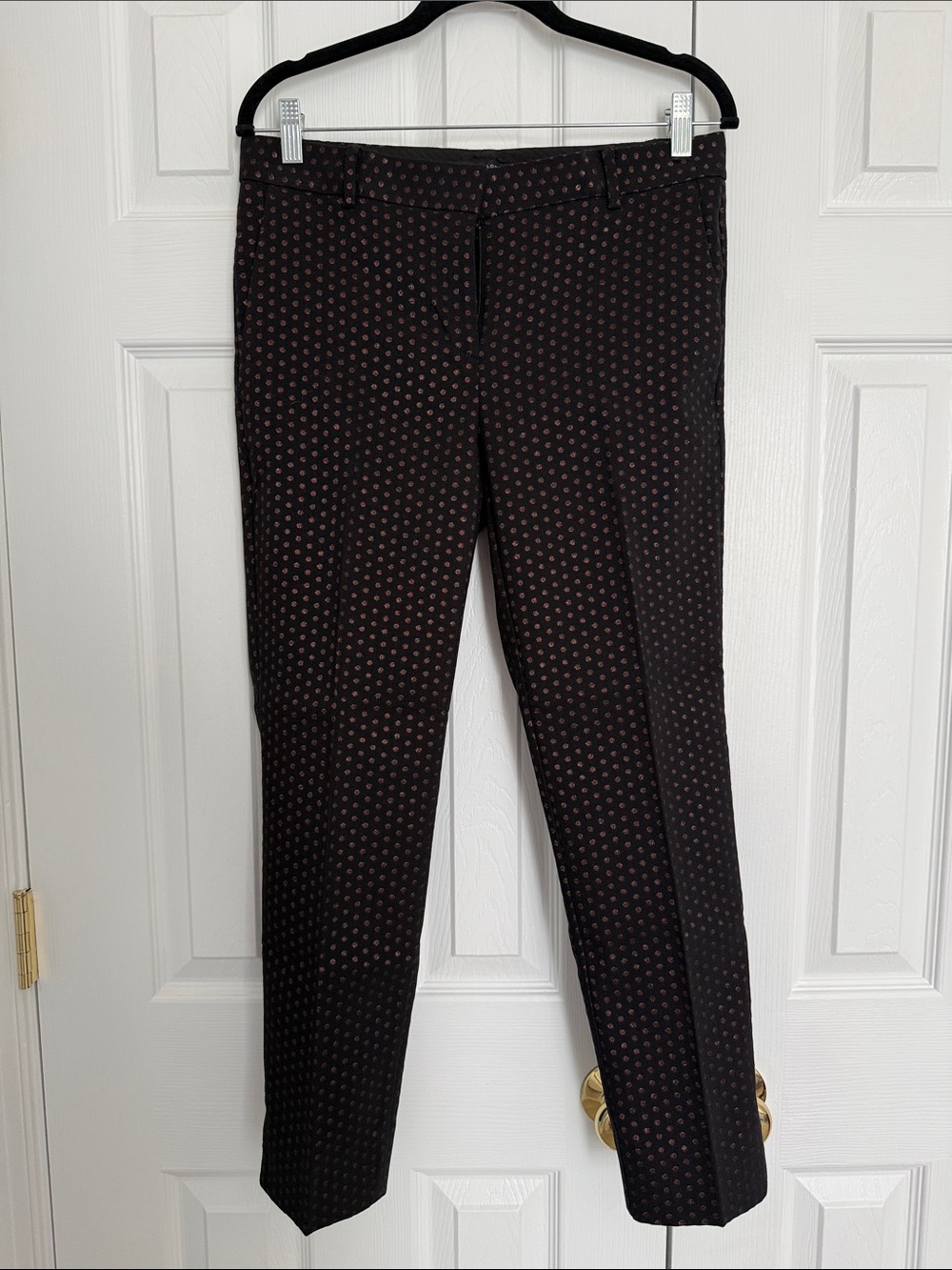 Ann Taylor Black Straight-Leg Pants with Subtle pink Dot Pattern